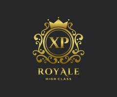 Golden Letter XP template logo Luxury gold letter with crown. Monogram alphabet . Beautiful royal initials letter. vector