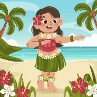 Little Hawaiian Girl Dancing in The Beach vector