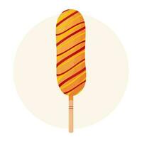 Corn dog with ketchup and mustard. Sausage in dough on a stick. American or Korean street food. Fastfood concept. Detailed flat illustration. vector