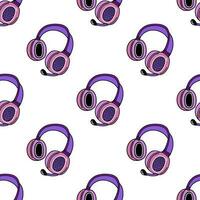 Headphones seamless vector pattern. Modern gadget for games, music, DJ, streaming, blogging, podcast. Pink device with a microphone, headset. Flat cartoon background for posters, packaging, web