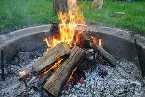 Wood burning in the fireplace. Grilling sausages over the campfire. Camping with friends. Summer holidays. photo