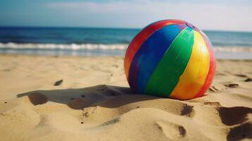 vistoso playa pelota en el arena playa a el mar. caliente verano vacaciones. generativo ai foto