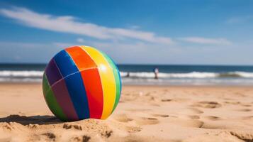 vistoso playa pelota en el arena playa a el mar. caliente verano vacaciones. generativo ai foto