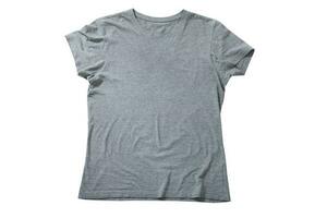 Shirt mockup - pleated, wrinkled t-shirt on white wooden desk top view photo