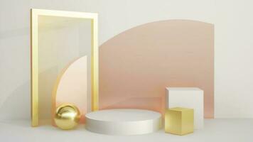 Abstract 3D products display podium showcase for scene with geometric shape. 3d rendering stage to show cosmetic products. Lighting in luxury white and pink gold studio in lighting and shadow. photo