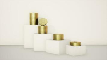 Abstract 3D products display podium showcase for scene with geometric shape. 3d rendering gold coins is saving on white stage concept. Lighting in luxury white and gold studio in lighting and shadow. photo