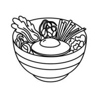 Bibimbap bowl doodle hand drawn vector illustration. Korean food traditional dish with fried egg simple black and white drawing. Monochrome line Asian food icon on white background.
