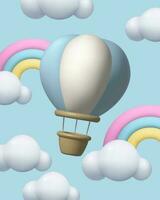 Flying 3d Hot Air Balloon with cartoon clouds and rainbows. Cute realistic vector illustration set. Adventure, travelling concept. Three dimensional realistic clay design element in pastel colors