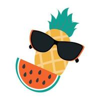 Summer set of watermelon slice and pineapple in dark sunglasses in trendy shades. Hello summer. EPS vector