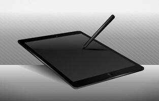 Black Tablet and Stylus Pen Mockup with Grey and White Background vector