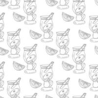 Seamless pattern of a glass cup with mulled wine, lemon and apple slices and cinnamon stick. Vector