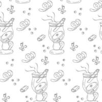 Endless pattern of Freehand outline drawing of a glass cup with mulled wine, spices and zest. Vector