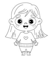 Cute happy kid girl. Outline drawing coloring book. Vector illustration. Childrens collection. Isolated funny kid character on white background.