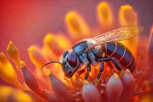 Portrait macro bee on the flower AI Generate photo