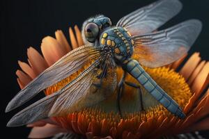 Portrait dragonfly on flower AI Generate photo