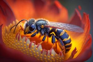Portrait macro bee on the flower AI Generate photo