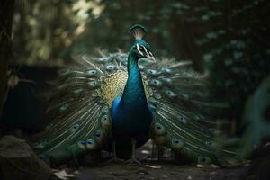 Beautiful Peacock on the forest AI Generate photo