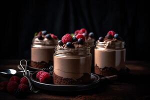 chocolate mousse dessert with berries in jar AI Generate photo