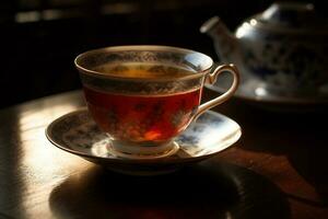 un taza apagado té con tetera ai generar foto