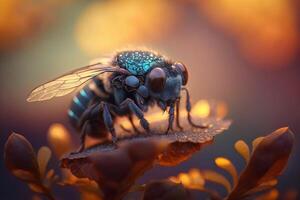 Portrait macro bee on the flower AI Generate photo