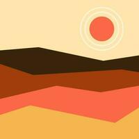 Vector illustration. Bauhaus. Mid century modern graphic. 70s retro or vintage Minimalist landscape. Abstract shapes sun and mountain.