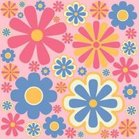 Colorful 60s -70s style retro hand drawn floral pattern. Pink and yellow flowers. Vintage seamless vector background. Hippie style, print for fabric, swimsuit, fashion prints and surface design.