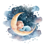 vattenfärg söt sovande bebis på måne. illustration ai generativ png