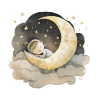 Watercolor cute sleeping baby on moon. Illustration png