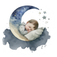 Watercolor cute sleeping baby on moon. Illustration png