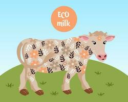 Cute cow in flowers. Children's illustration in flat style, vector