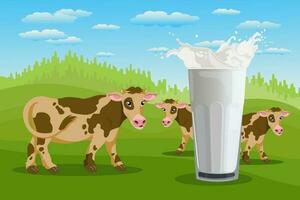 Spotted cows in the meadow and a glass with milk splash, landscape. Poster, banner, illustration, vector