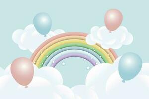 3d baby shower, rainbow with clouds and balloons on a pale blue background, childish design in pastel colors. Background, illustration, vector. vector