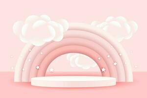 3d bebé ducha, arco iris y podio con nubes, globos y estrellas en un pálido rosado fondo, infantil diseño en pastel colores. fondo, ilustración, vector. vector