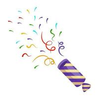 Exploding party popper with ribbons, confetti and serpentine. Holiday icon, vector