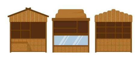 Wooden street stalls, set. Street shops. Icons, vector