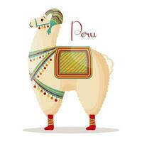 Cute llama in a hat with a saddle, mexican alpaca. Symbol of Mexico and Peru. Illustration, vector