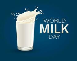 World Milk Day, banner. Glass with milk splash and text. Poster, illustration, vector