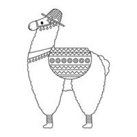 Cute lama in a hat with a saddle. Symbol of Mexico and Peru. Sketch for coloring, vector