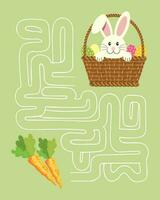 Maze game, rabbit in a basket of Easter eggs and carrots. Children's educational puzzle. Illustration, vector