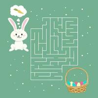 Maze game, bunny with carrot and a basket of Easter eggs. Children's educational puzzle. Illustration, vector