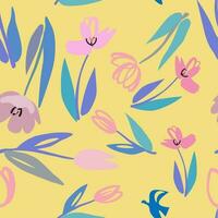spring seamless pattern with colorful tulip flowers, yellow background - vector illustration