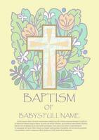 baptism invitation template Design with Cross and flowers in Vector