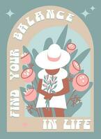 Find your balance in life concept , Positive thinking, self care, healthy slow lifestyle. Well-being, healthy mind. Girl in a hat holding a bouquet of flowers. Cartoon flat vector illustration