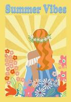 Summer vibes concept , Positive thinking, self care, healthy slow lifestyle. Girl 70s surrounded by flowers. Retro design for banner, postcard vector