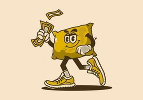 Vintage mascot character of walking pillow holding money vector