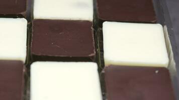 dunkle und weiße Schokolade in einer Schachtel auf grauem Hintergrund video