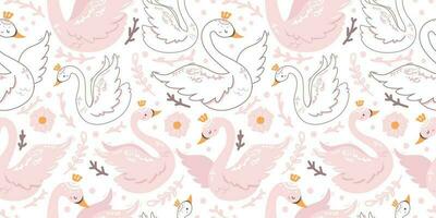 Swan and Flowers Themed Seamless Pattern vector