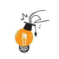 hand drawn doodle person with light bulb and graduation cap illustration vector