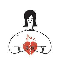 hand drawn doodle person holding broken heart illustration vector