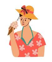 Girl in beach clothes eats ice cream. Ice cream with sprinkles and chocolate in a waffle cup. Flat vector illustration.